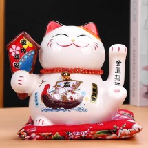 Mèo Thần Tài Vẫy Tay, Mèo May Mắn Maneki Neko Thẻ Bài Khai Vận 16cm Kèm Đệm Và Hộp Đẹp