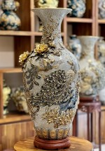 Bảo Bình Công Hoa Phú Quý Vẽ Vàng Đắp Nổi Men Rạn Cao 80cm
