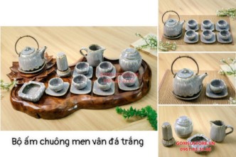 Ấm Chén Hỏa Biến Bát Tràng Men Vân Đá Trắng Dáng Siêu 550ml