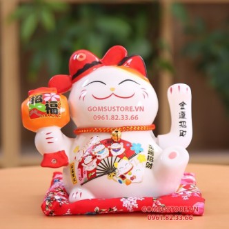 Mèo Thần Tài Vẫy Tay, Mèo May Mắn Maneki Neko Công Thành Danh Toại 16cm Kèm Đệm Và Hộp Đẹp