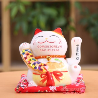 Mèo Thần Tài Vẫy Tay, Mèo May Mắn Maneki Neko Tiền Bạc Rủng Rỉnh 16cm Kèm Đệm Và Hộp Đẹp