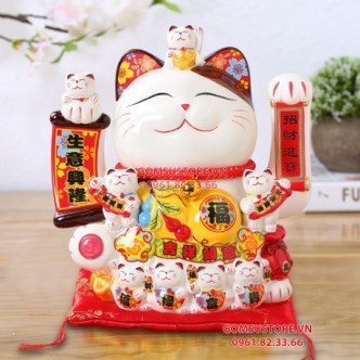 Mèo Thần Tài  May Mắn Maneki Neko Phúc Lộc Viên Mãn 22cm Kèm Đệm Và Hộp Đẹp