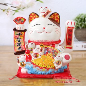 Mèo Thần Tài May Mắn Maneki Neko Thuận Buồm Xuôi Gió 22cm Kèm Đệm Và Hộp Đẹp