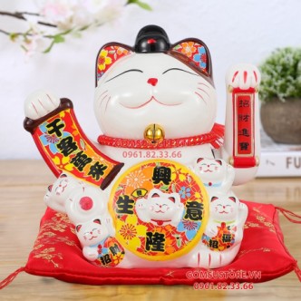 Mèo Thần Tài  Vẫy Tay, Mèo May Mắn Maneki Neko Thiên Khách Vạn Lai 19cm Kèm Đệm Và Hộp Đẹp