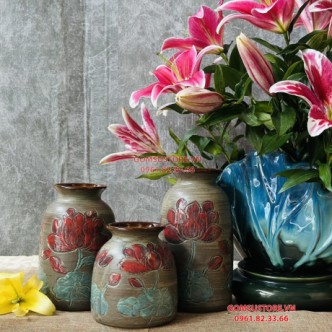 Bình gốm,lọ cắm hoa decor men gốm hoa sen cao cấp Bát Tràng (set 3 bình)