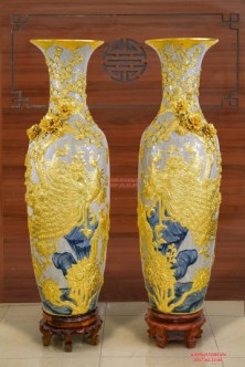 Lọ Lộc Bình Công Đào Sen Dát Vàng 3D gốm sứ cao cấp Bát Tràng 1m65