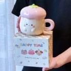 Cốc dâu tây mũ nấm 400ml kèm thìa và hộp 2 màu hồng đậm và hồng nhạt