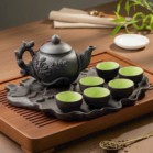 Bộ Ấm Chén Tử Sa Đắp Hoa Sen Khay Sen Nổi Dung Tích