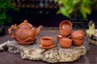 Bộ Ấm Chén Tử Sa Pha Uống Trà Bát Tràng Đắp Hoa Đào Tách Lót