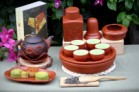 Bộ Ấm Chén Tử Sa Đắp Hoa Phù Dung Khay Đôi Mẫu Đỏ Đen