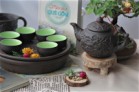 Bộ Ấm Chén Tử Sa Hoa Châm Khay Đôi Màu Đen Bát Tràng 400ml