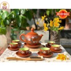 Bộ Ấm Chén Tử Sa Dáng Chóp Họa Tiết Hoa Đào Chấm Trắng 300ml