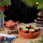 Bộ Ấm Chén Tử Sa Dáng Nhỡ Đắp Nổi Hoa Sen Màu Đỏ Khay Đôi 270ml