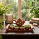 Bộ Ấm Chén Tử Sa Dáng Chân Cao Họa Tiết Hoa Đào Chấm Trắng Khay Chữ Nhật 290ml