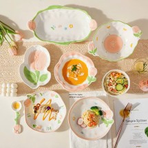 Set bộ bát đĩa hoa TULIP CAM ĐÀO pastel nhẹ nhàng sang xịn mịn