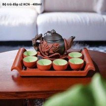 Bộ Ấm Chén Tử Sa Đắp Hoa Phù Dung Khay Chữ Nhật Đỏ Đen