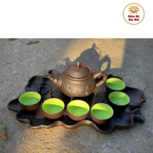 Bộ Ấm Chén Tử Sa Bát Tràng Trúc To Màu Đen Khay Sen 350ml