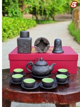 Bộ Ấm Chén Tử Sa Trúc Sen Bát Tràng Màu Đen Kèm Khay Phụ Kiện Dung Tích 350ml