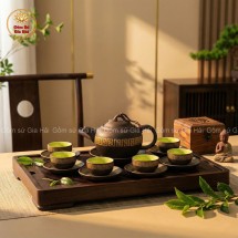 Bộ Ấm Chén Tử Sa Dáng Quả Hồng Viền Vàng 300ml