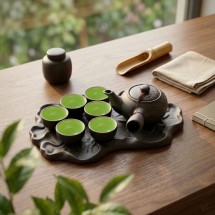 Bộ Ấm Chén Tử Sa Quai Chuôi Đắp Nổi Khay Sen Cá 280ml