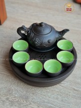 Bộ Ấm Chén Tử Sa Dáng Nhỡ Đắp Nổi Hoa Sen Khay Đôi 270ml