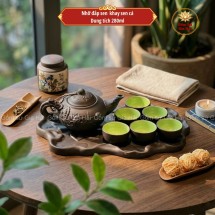 Bộ Ấm Chén Tử Sa Dáng Nhỡ Đắp Nổi Hoa Sen Kèm Khay Sen Cá 270ml