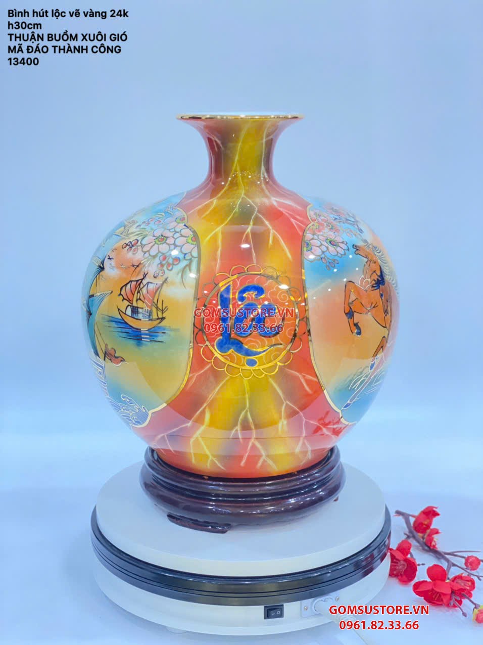 Bình hút lộc vẽ vàng 24K Cao 30cm Mã đáo thành công Thuận Buồm Xuôi gió Bát Tràng